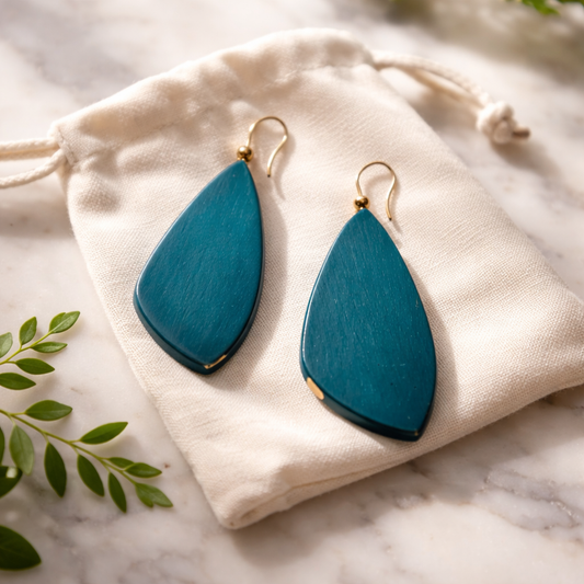 Bohemian Teal Resin & Natural Wood Drop Earrings