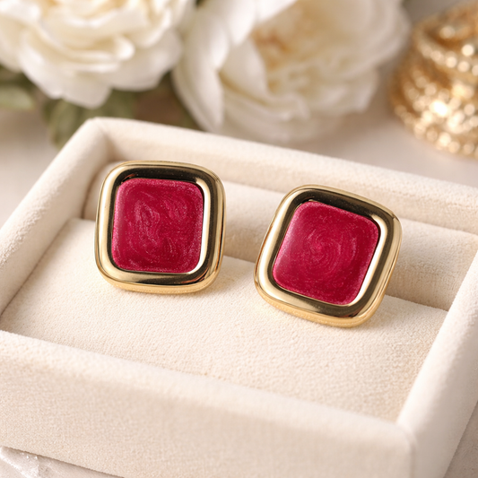 Modern Square Crimson Enamel Stud Earrings