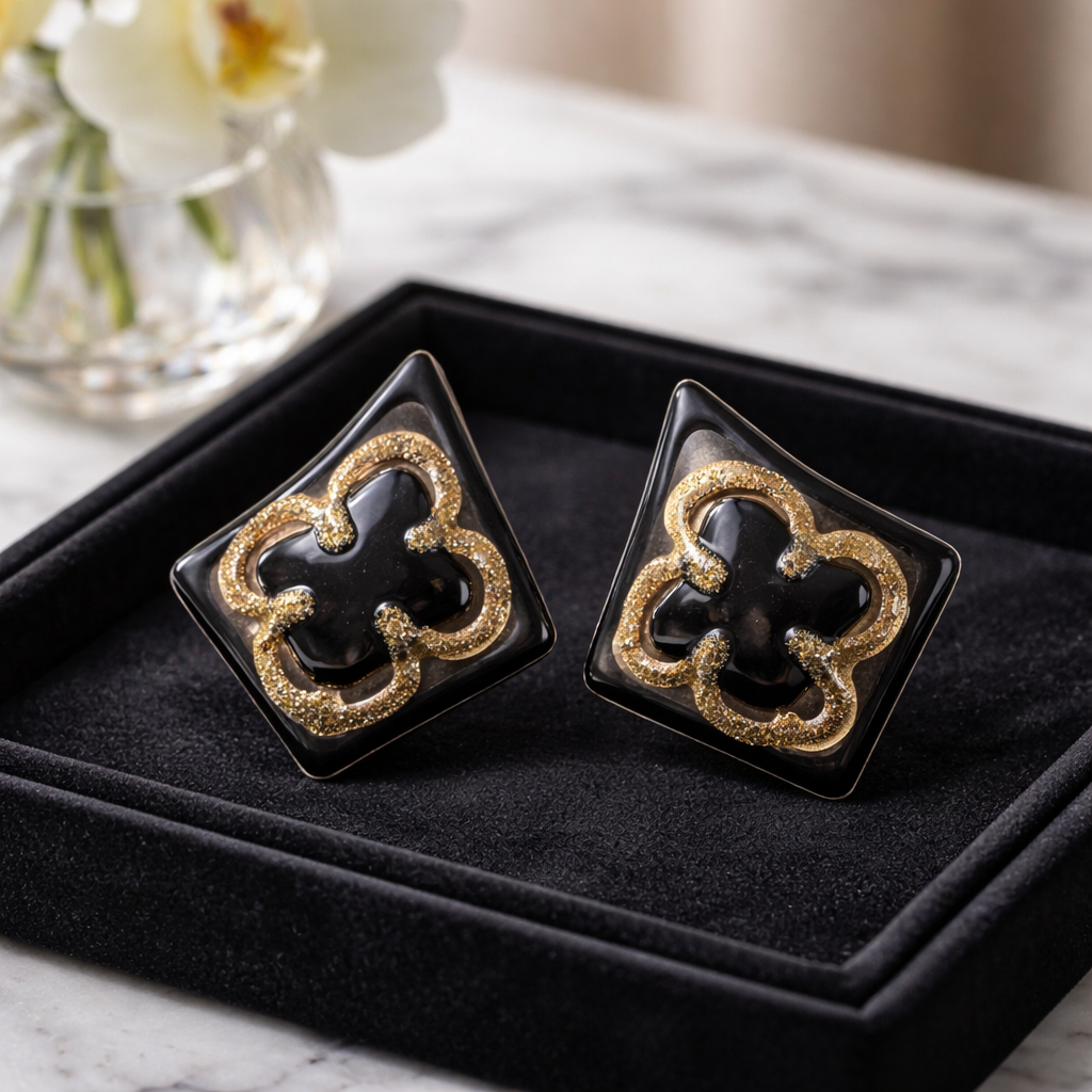 Opulent Black & Gold Quatrefoil Clover Stud Earrings