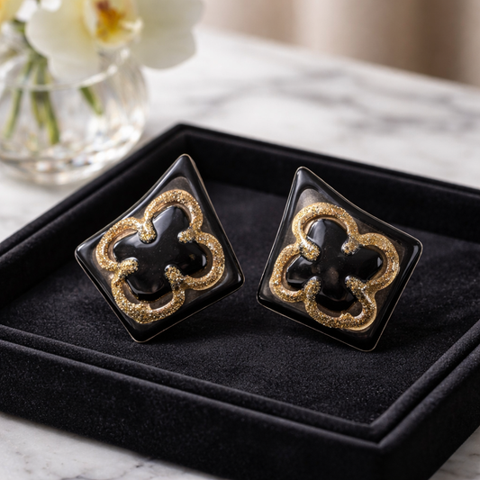 Opulent Black & Gold Quatrefoil Clover Stud Earrings