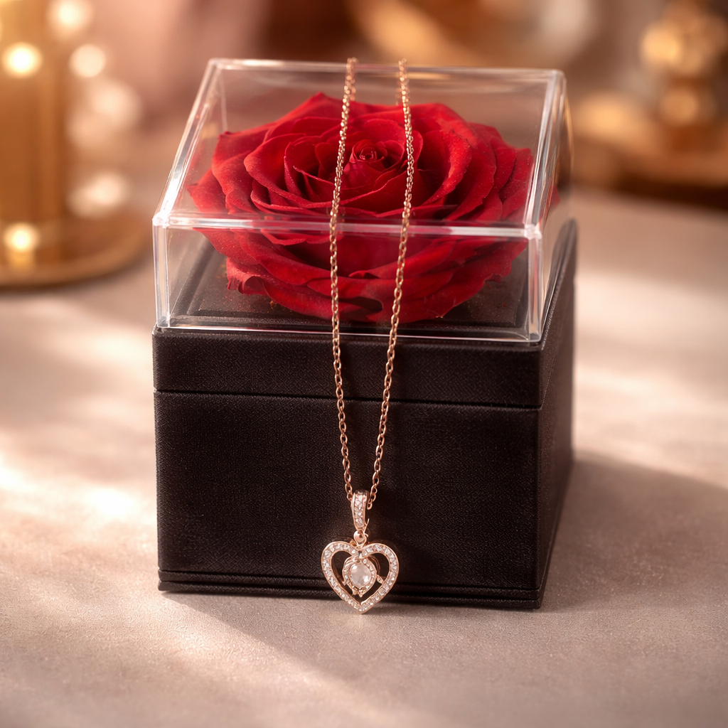 A Symbol of Forever: The Rose Gold Heart Necklace & Everlasting Rose Gift Set