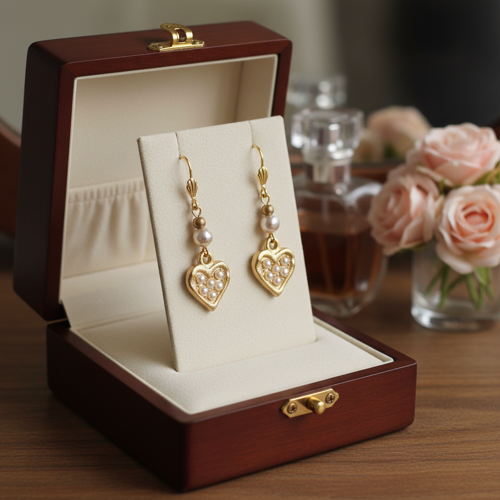 Romantic Faux Pearl & Gold Heart Drop Earrings