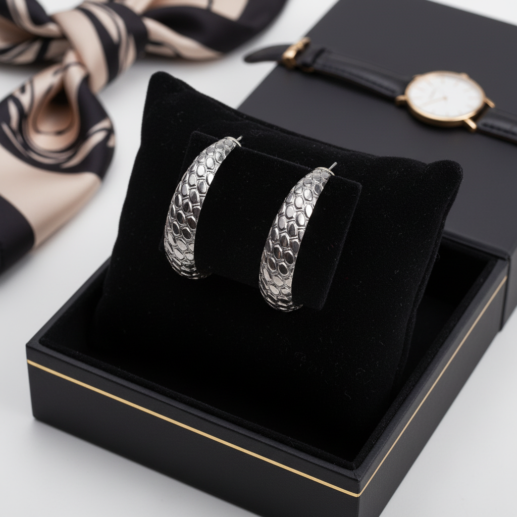 The "Serpent" Collection: Textured Silver Scale Half-Hoop Earrings