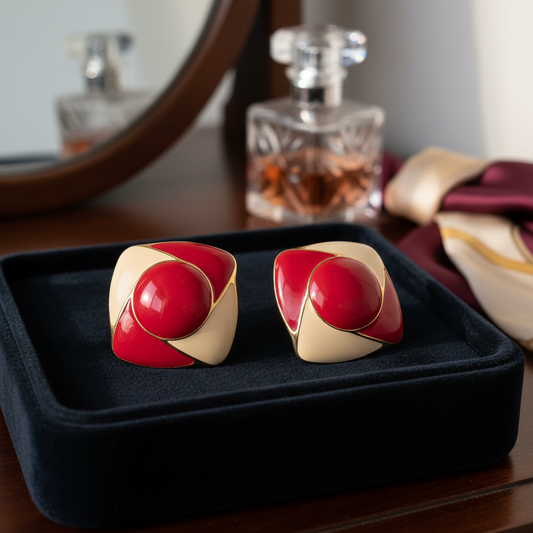 Statement Style: Vintage Red & Cream Enamel Square Clip-On Earrings