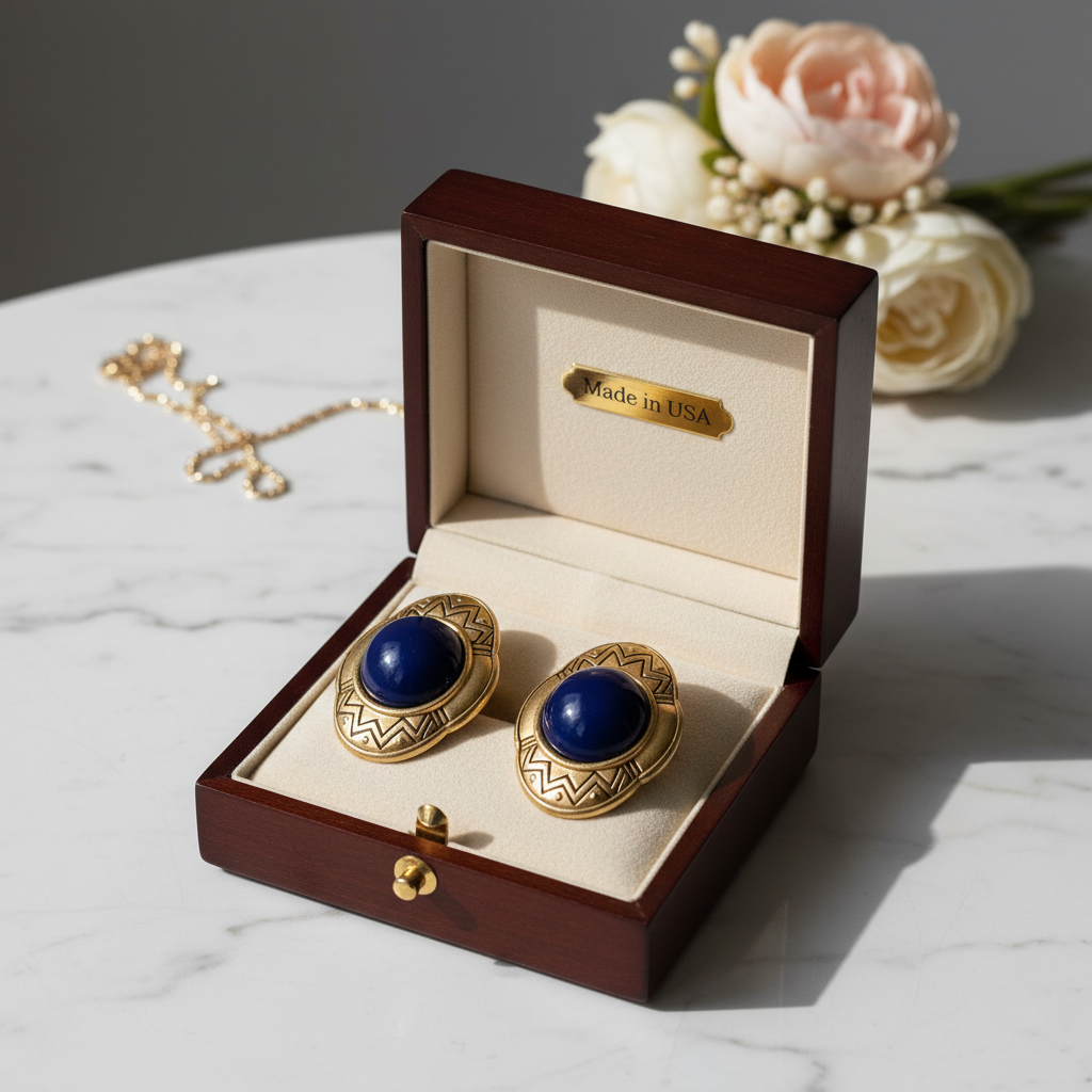 Vintage Grandeur: Gold & Lapis Lazuli Etruscan Revival Earrings