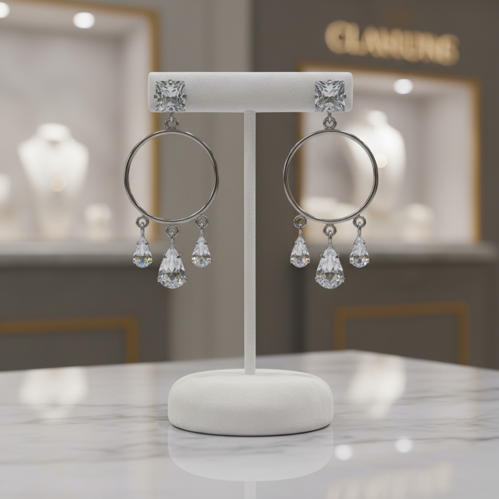 Modern Glamour: The Crystal Cascade Silver Hoop Earrings