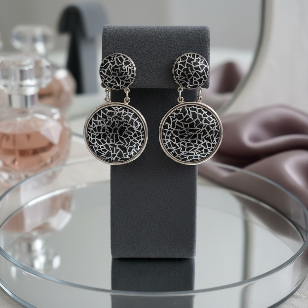 Architectural Edge: Silver & Black Abstract Double-Drop Earrings