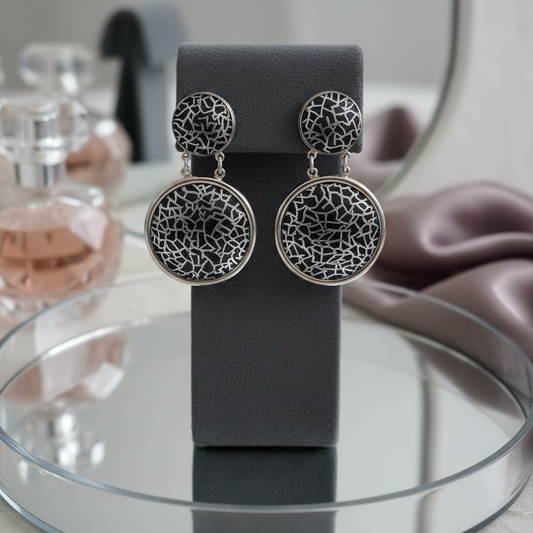 Architectural Edge: Silver & Black Abstract Double-Drop Earrings