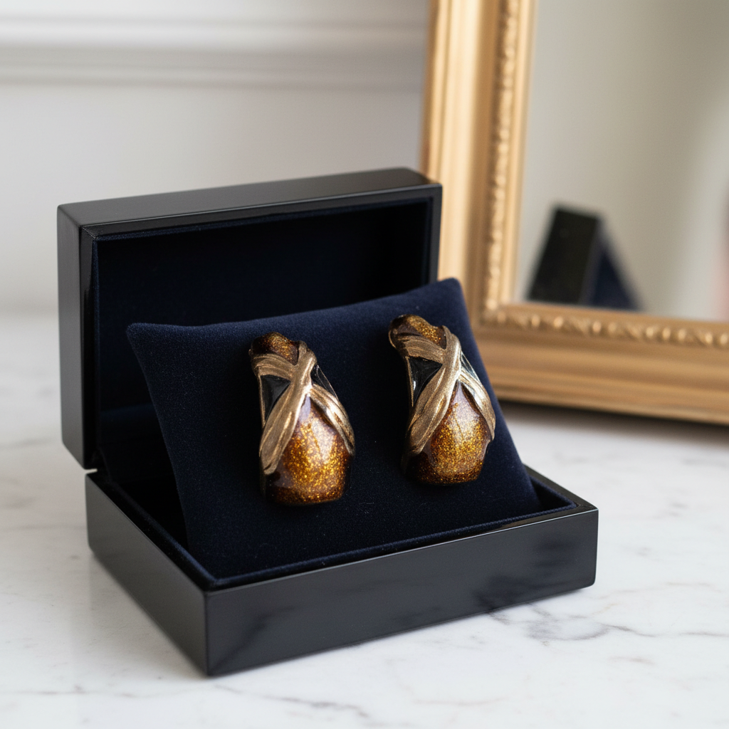 Retro Chic: Gold & Black Glitter Knot Clip-On Earrings