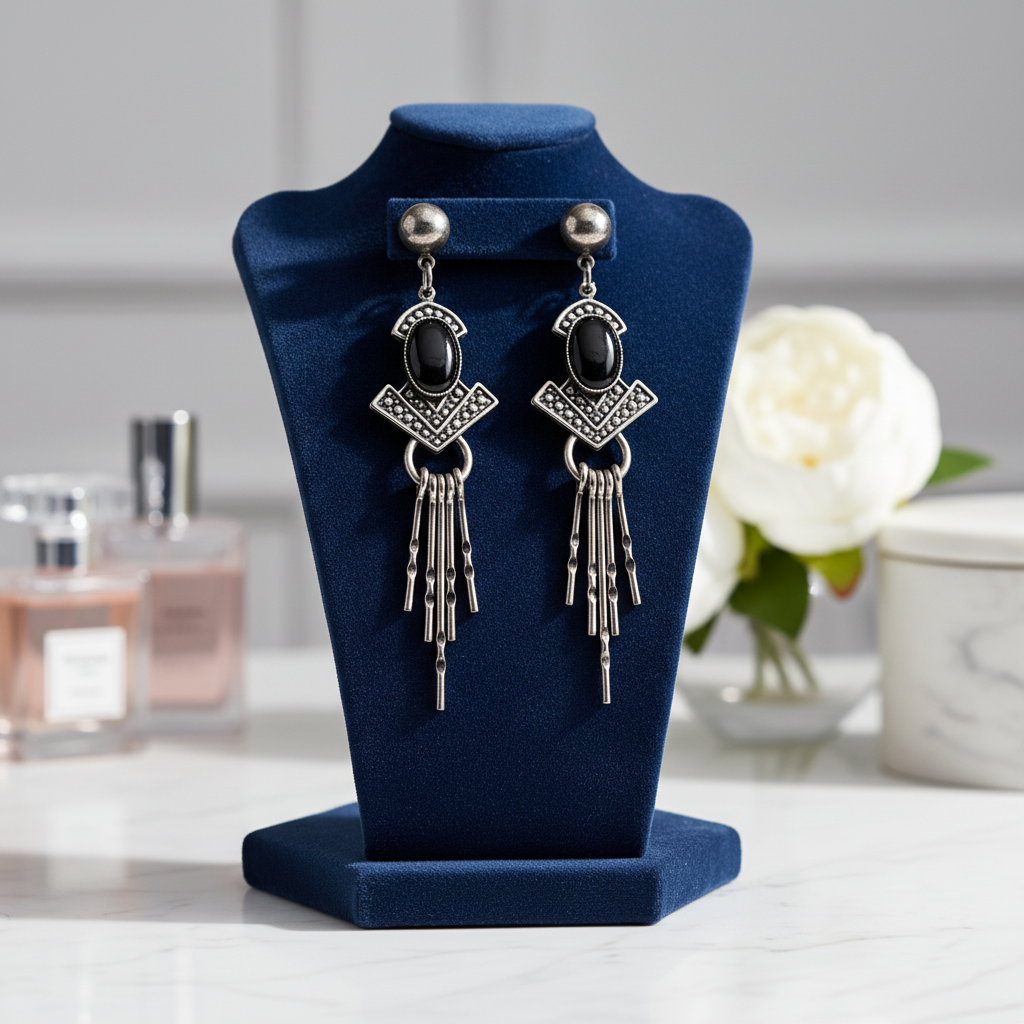 Architectural Glamour: The Art Deco Black Onyx Silver Fringe Earrings