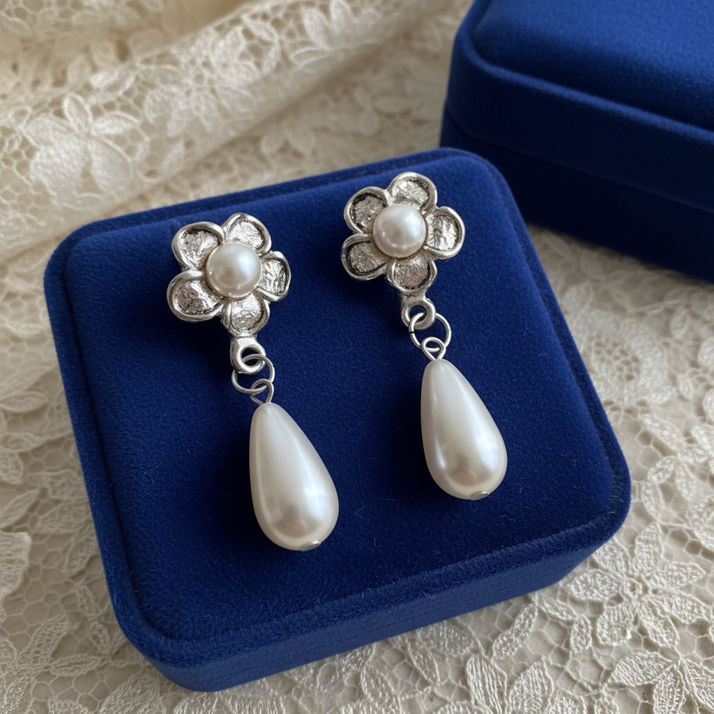 Timeless Beauty: Silver-Tone Flower & Teardrop Pearl Drop Earrings