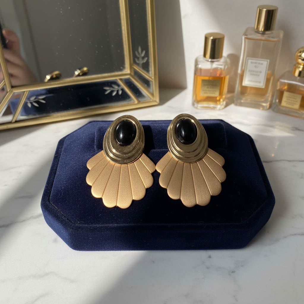 Architectural Statement: The Gold & Black Onyx "Fan" Clip-On Earrings