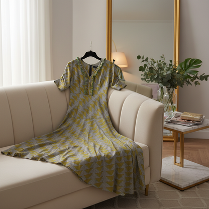 The Amaryllis Ruffle Midi Dress: Chic Grey & Golden Yellow Print