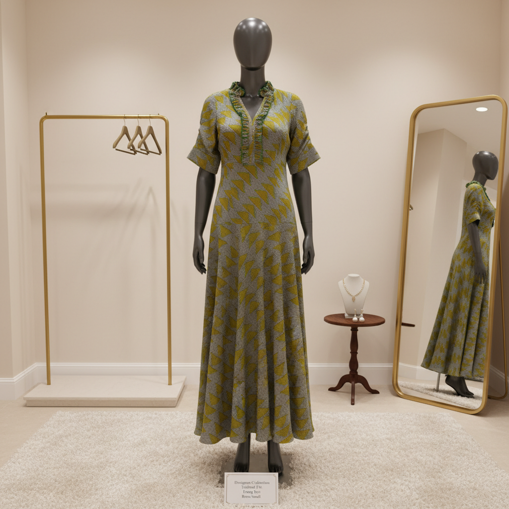 The Amaryllis Ruffle Midi Dress: Chic Grey & Golden Yellow Print