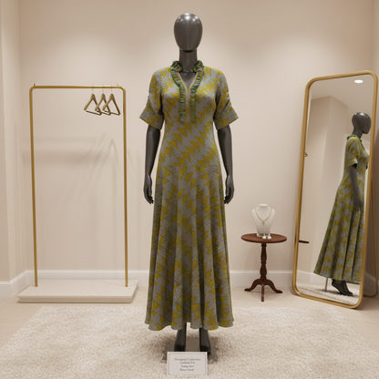 The Amaryllis Ruffle Midi Dress: Chic Grey & Golden Yellow Print