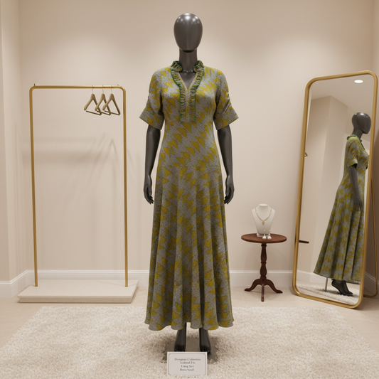 The Amaryllis Ruffle Midi Dress: Chic Grey & Golden Yellow Print