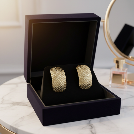 Architectural Texture: Wide Gold Mesh Statement Clip-On Earrings