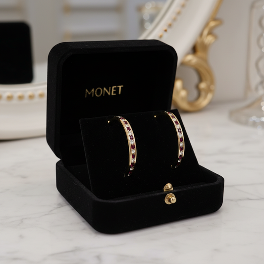 Vintage Monet Ruby & Crystal Accent Gold Hoops