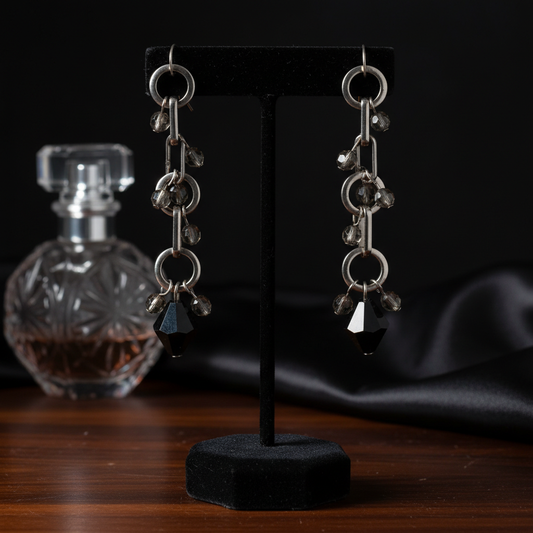 The "Obsidian Chain" Collection: Long Crystal Drop Earrings