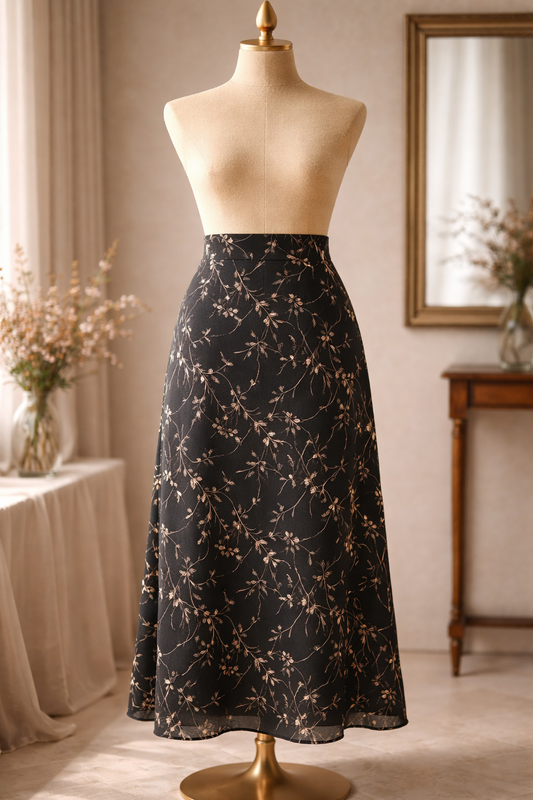 The Ethereal Elegance: Black & Gold Floral Chiffon Midi Skirt Size 6