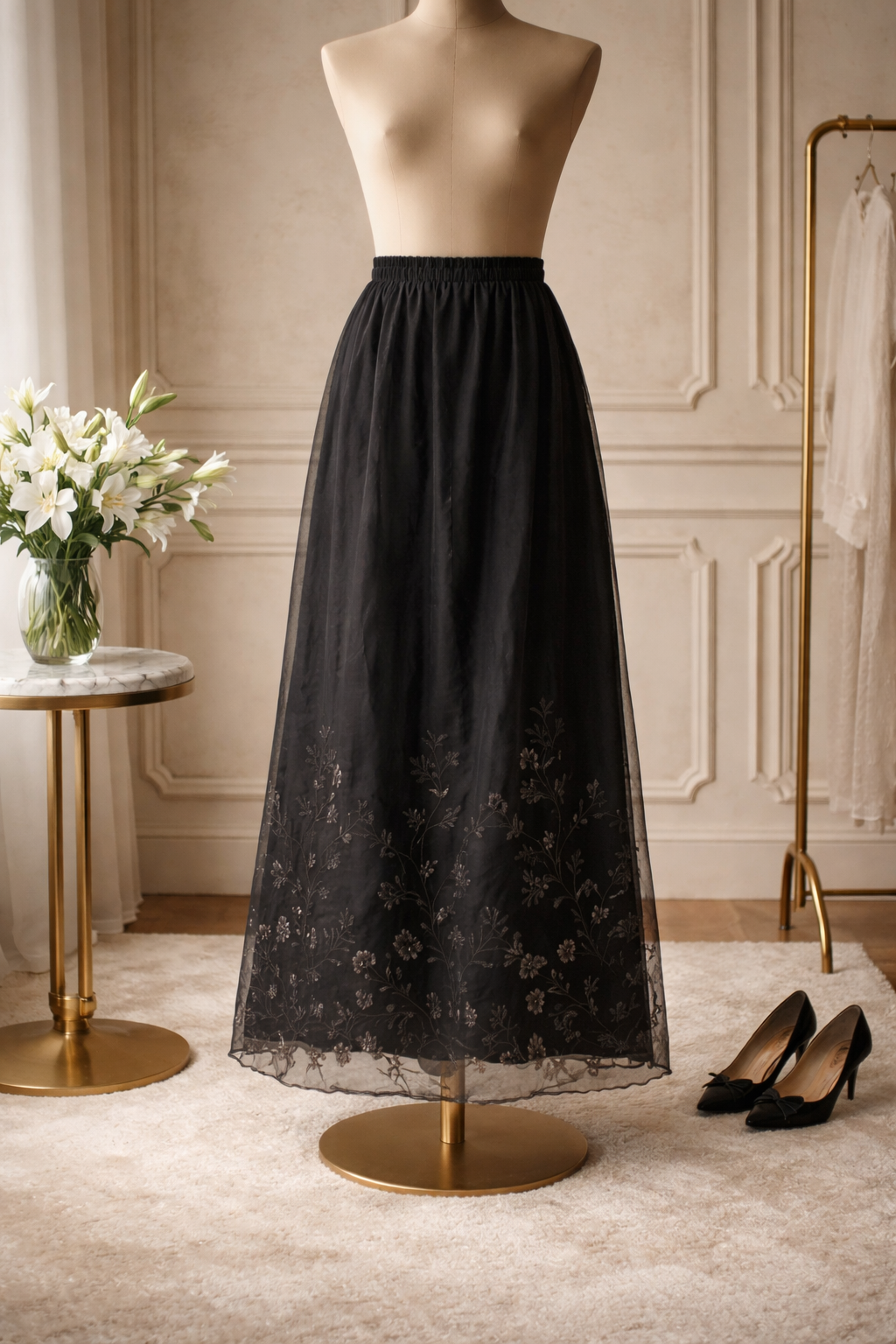 Ethereal Evening: The Floral Embroidered Tulle Maxi Skirt Size 12/14