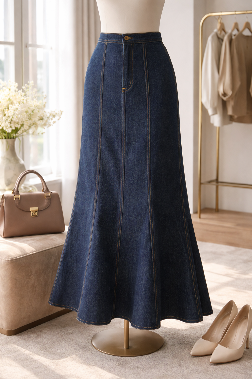 The Timeless Essential: High-Waist Paneled Denim Maxi Skirt Size XL