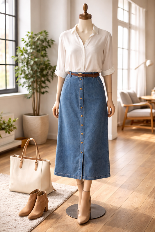 The Everyday Essential: High-Rise A-Line Denim Midi Skirt Size 1X