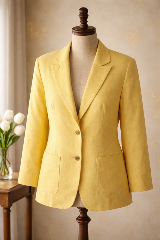 Slightly worn Chadwicks Sunlit Sophistication: The Tailored Lemon-Yellow Linen-Blend Blazer Size 16W