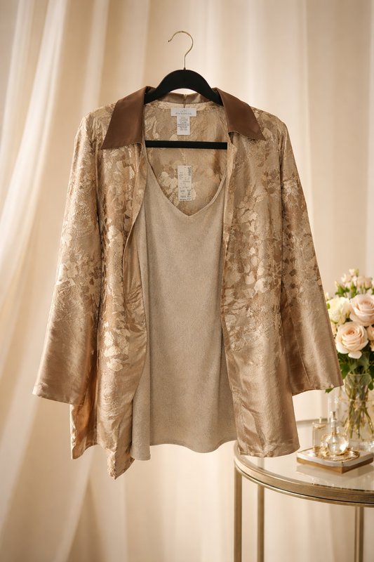 Avenue Elegance Personified: The Gold Jacquard Jacket & Cami Set Size 18/20