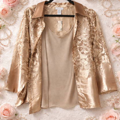 Avenue Elegance Personified: The Gold Jacquard Jacket & Cami Set Size 18/20