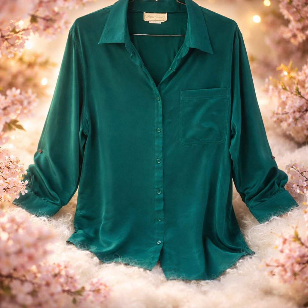 Pure Silk Elegance: The Emerald Green Button-Down Blouse Size 1X