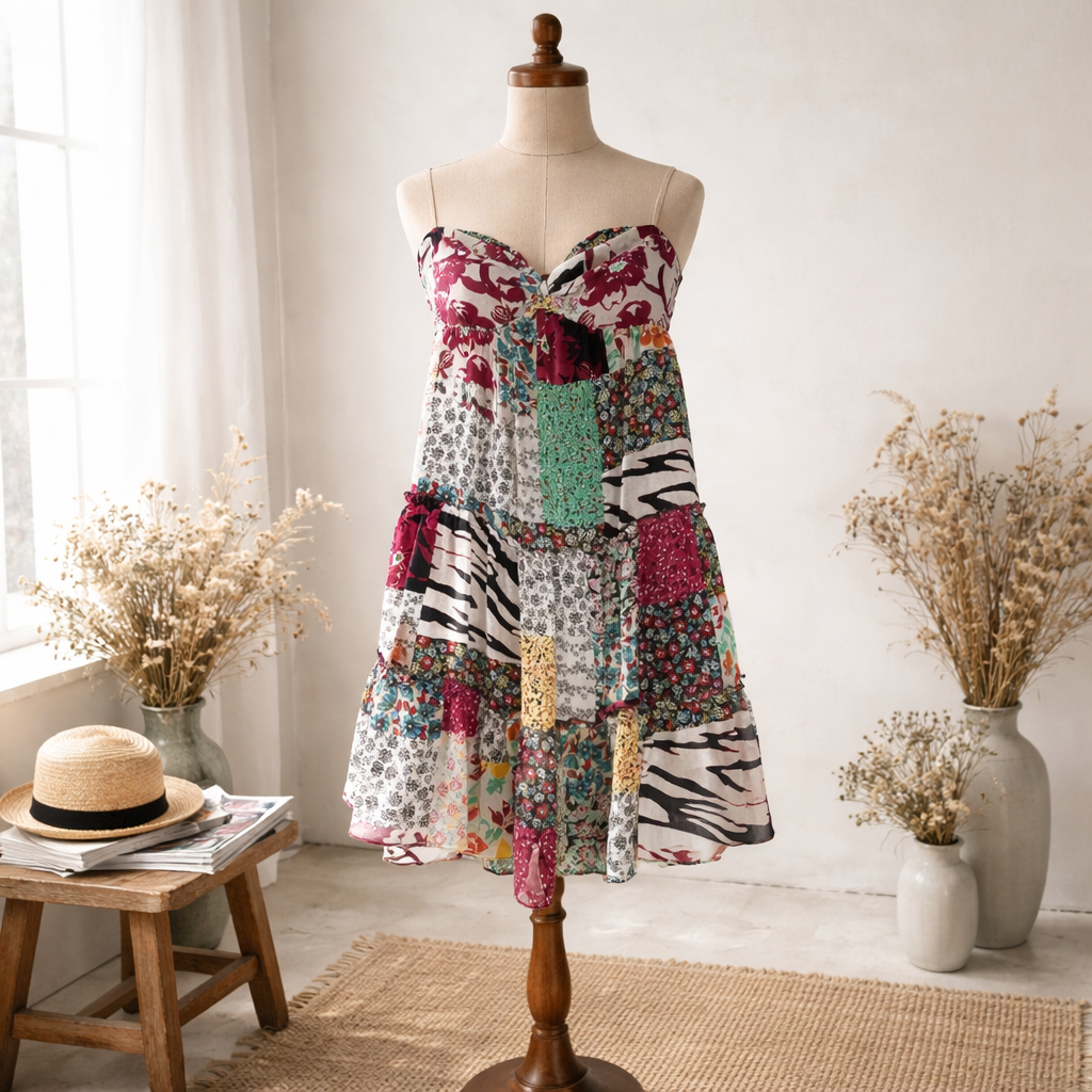 Slightly worn Guess Jeans patchwork dress is a vibrant, eclectic piece perfect for an eye-catching. Size 7 Junior