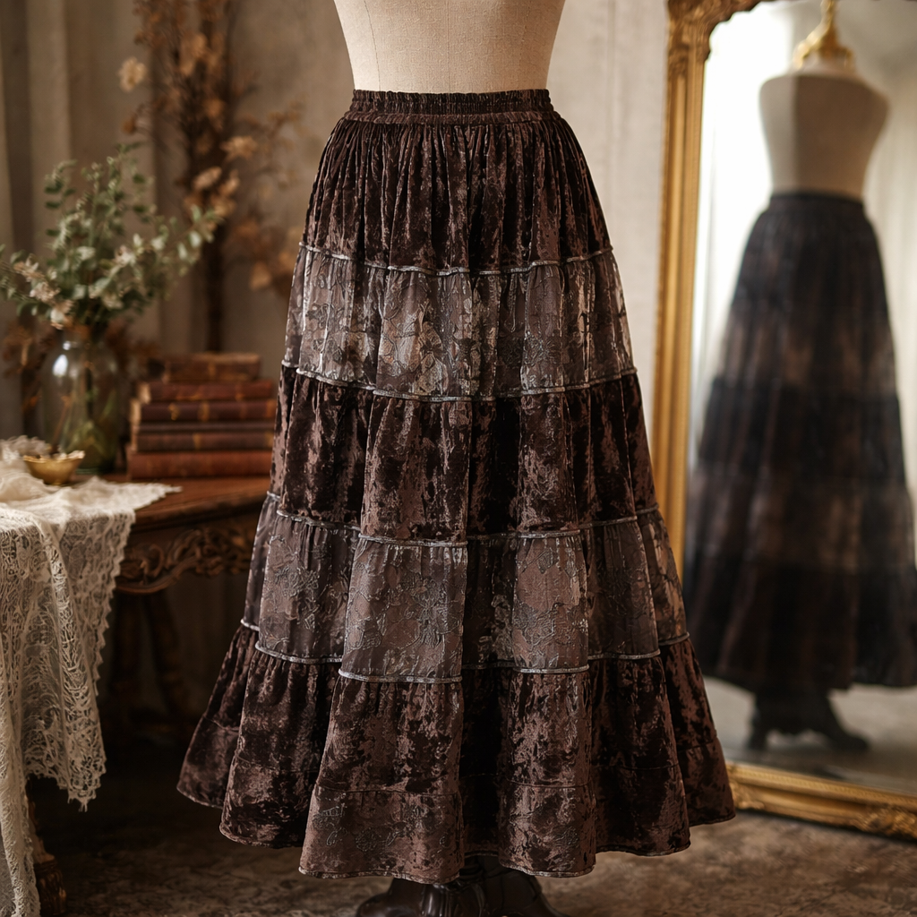 Vintage-Inspired Brown Velvet Tiered Maxi Skirt - Free