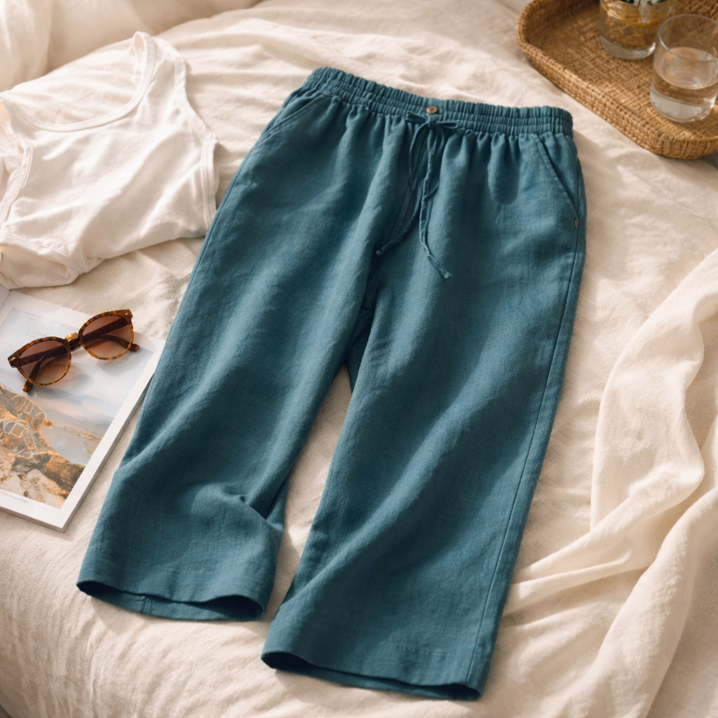 Breezy Comfort: The Cropped Linen-Blend Lounge Pant in Teal Size 14/16 Woman