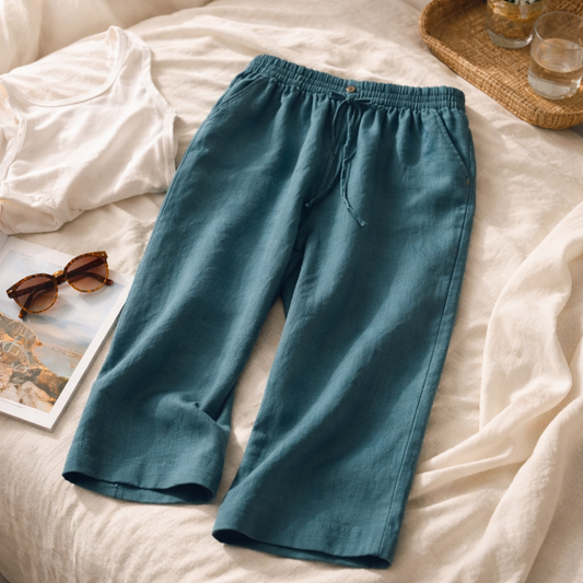 Breezy Comfort: The Cropped Linen-Blend Lounge Pant in Teal Size 14/16 Woman