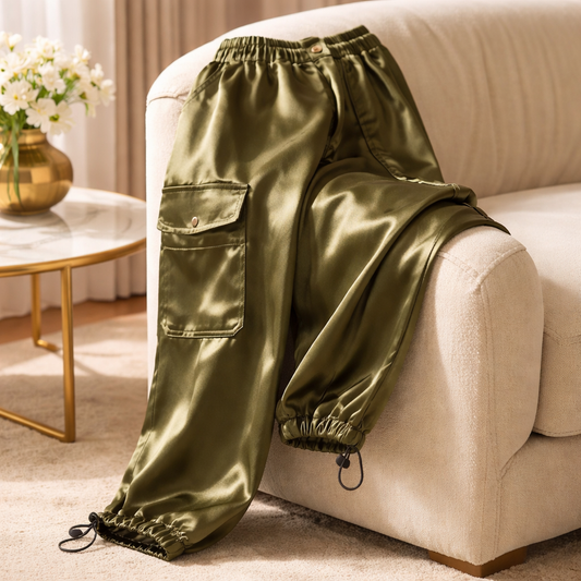 The LANE BRYANT Urban Chic: Luxe Olive Green Satin Cargo Joggers Size 18/20