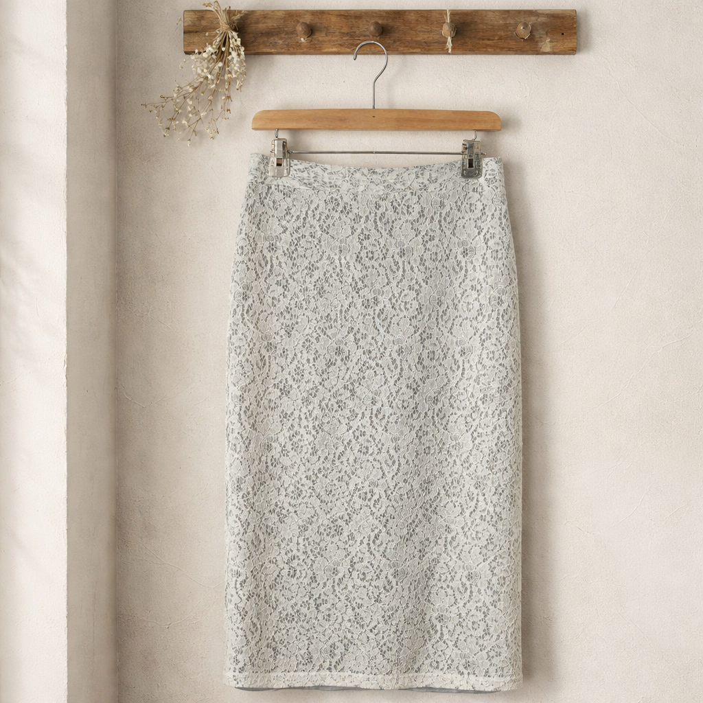 Kenar Ivory Lace Pencil Skirt with Grey Lining Size 4