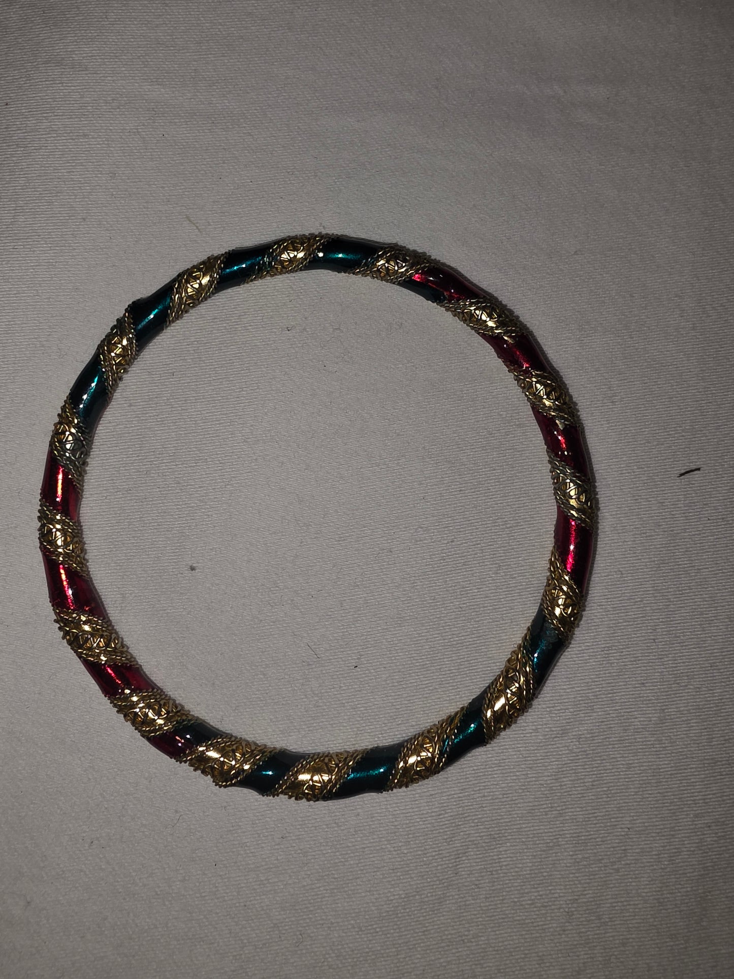 Vintage-Style Green & Red Enameled Bangle Bracelet | Gold-Tone Wire-Wrapped Boho Jewelry