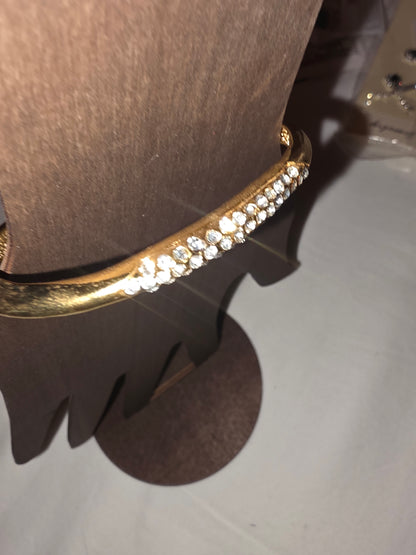 Sparkling Crystal Pave Gold-Tone Bangle Bracelet | Classic Rhinestone Hinged Cuff Jewelry