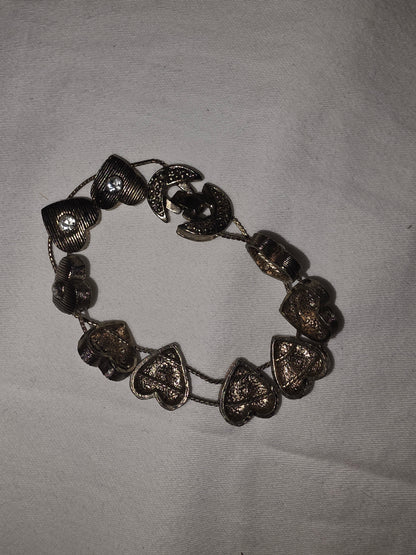 Vintage Heart & Moon Link Bracelet | Gold-Tone Slide Charm Style with Crystal Accents