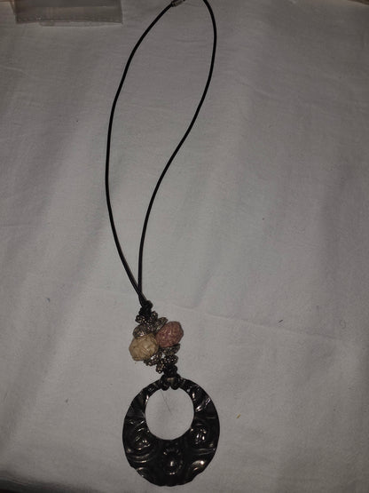 Bohemian Hammered Metal O-Ring Necklace | Black Cord Statement Pendant with Artisan Nut Beads