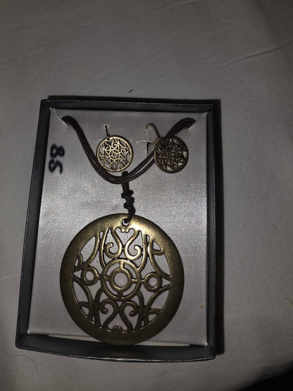 Bohemian Bronze Filigree Necklace & Earring Set | Celtic Mandala Round Pendant Jewelry