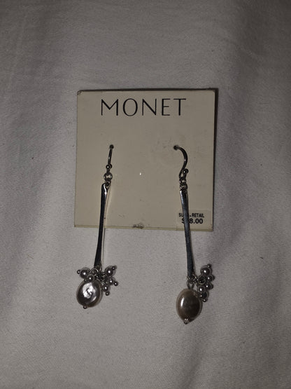 Monet Silver-Tone Faux Pearl & Crystal Cluster Drop Earrings | Classic Dangle Jewelry