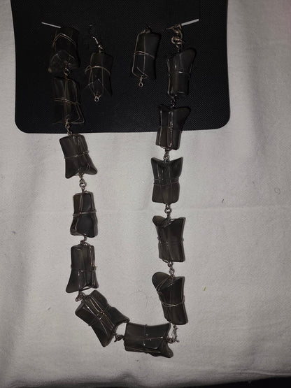 Artisan Hammered Gunmetal-Tone Link Necklace & Earring Set | Modernist Brutalist Abstract Jewelry