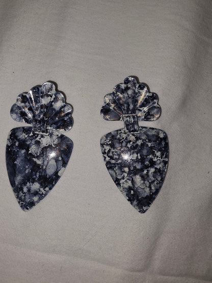 Vintage Marble-Effect Drop Earrings | Statement Black & White Mottled Fan & Heart Jewelry