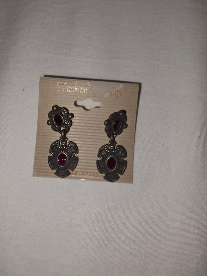 Gothic Victorian Revival Dangle Earrings | Antiqued Pewter-Tone & Ruby Red Rhinestone Jewelry