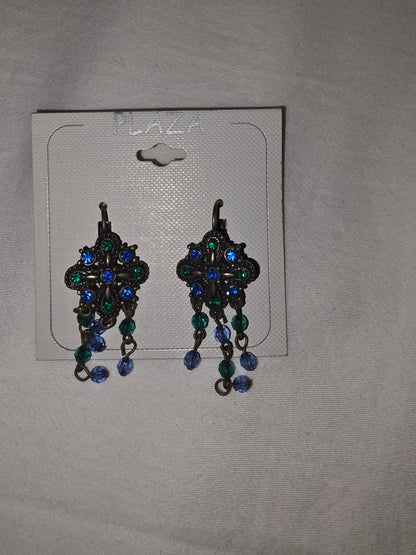 Bohemian Chandelier Dangle Earrings | Antique Bronze Tone & Teal Blue Crystal Statement Jewelry