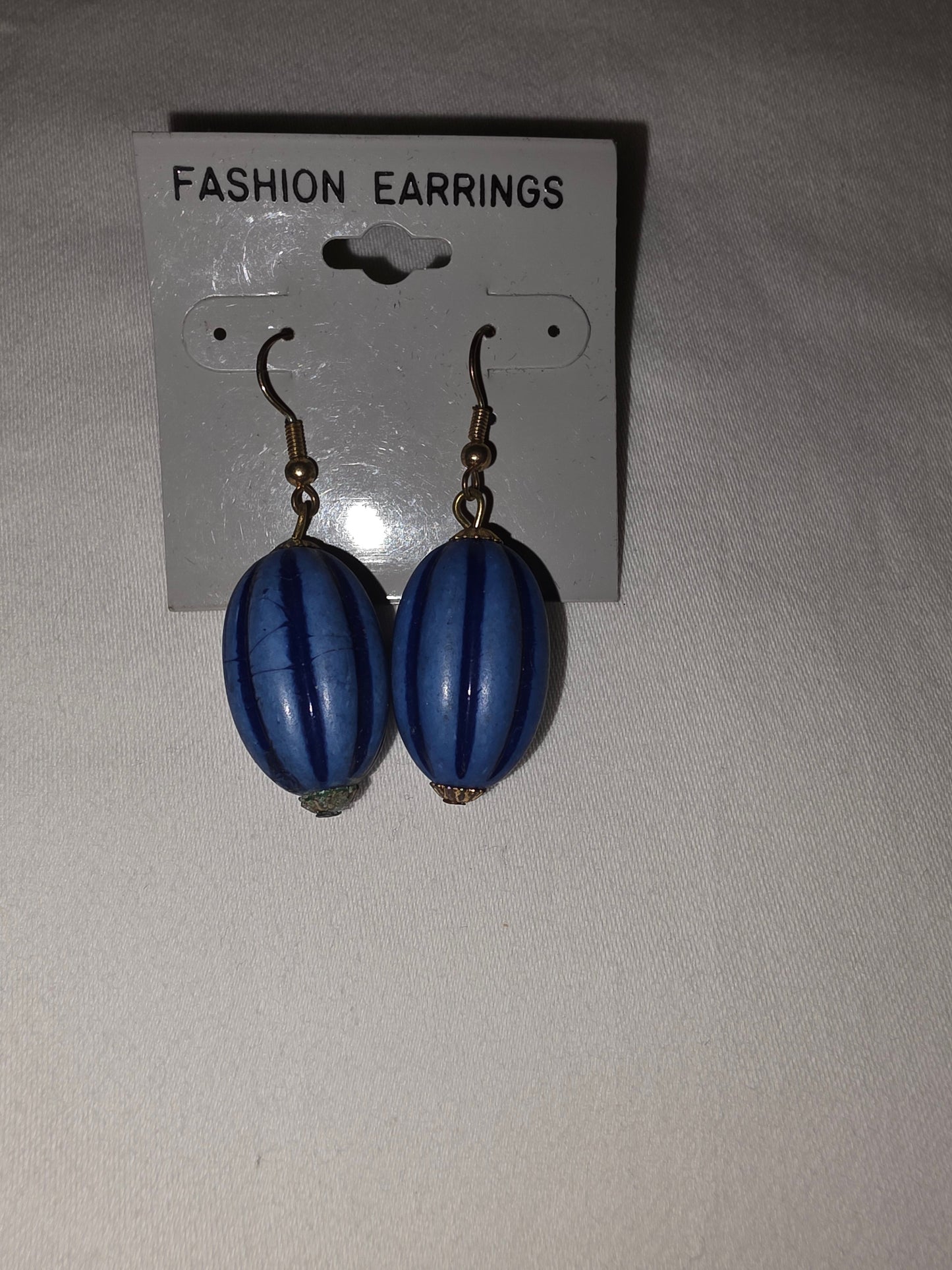 Vintage Royal Blue Ribbed Oval Drop Earrings with Gold - Tone Hooks - All Seasons Curves
