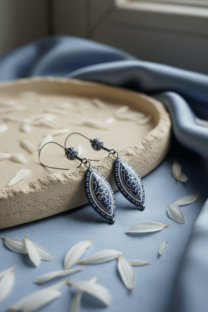 Bohemian Silver & Blue/White Enamel Drop Earrings - All Seasons Curves