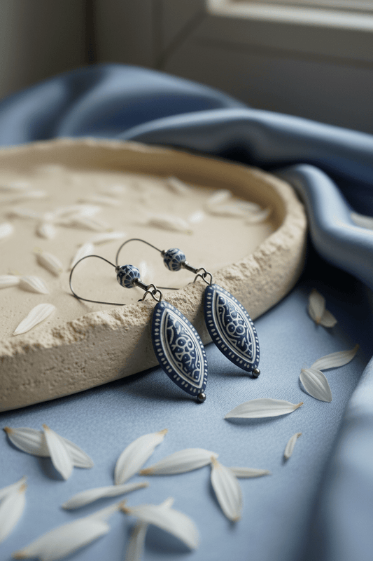 Bohemian Silver & Blue/White Enamel Drop Earrings - All Seasons Curves